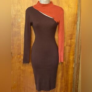 Fashion Nova NWOT color block sweater midi dress,rib knit stretch,coral/brown, M